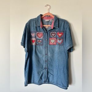 Vintage // Chambray Button Up w Heart Embroidery